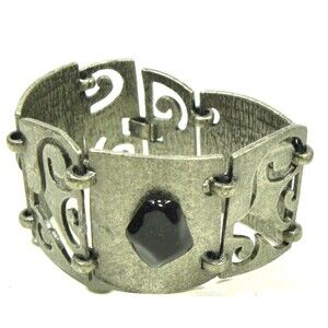 Chunky Wide Bracelet Silver Tone Panel Open Work Scroll Pewter Goth Fairy Grunge